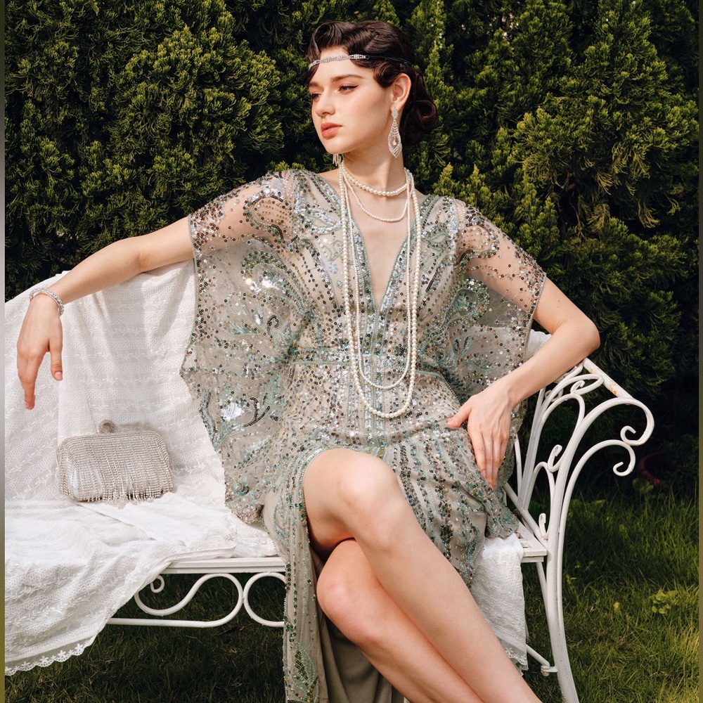 1920s Babeyond Retro Batwing Sleeve Sequin Evening Gown